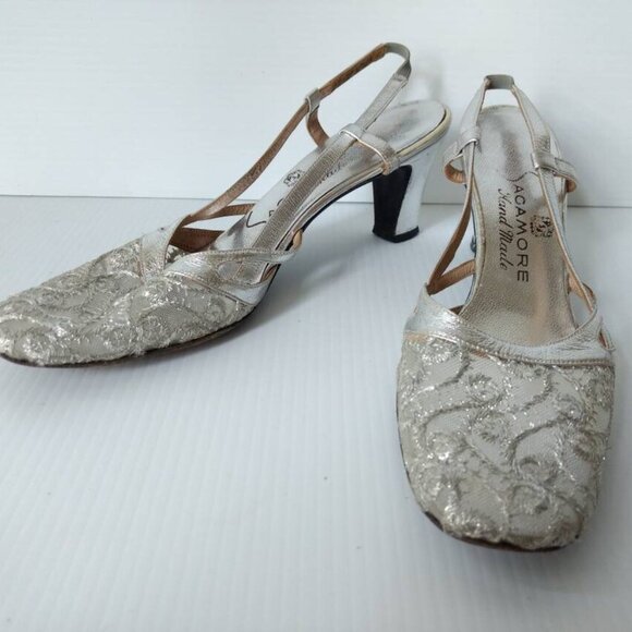 VINTAGE 60s SILVER SHOES Size 8 Narrow Sagamore Handmade Formal Cocktail Party - Picture 6 of 11